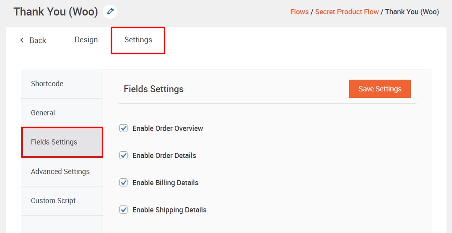 CartFlows thank you page fields settings