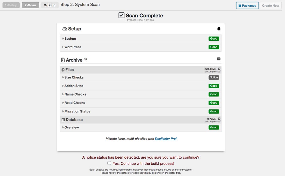 Duplicator scanning for WordPress backup