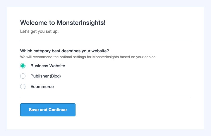 MonsterInsights setup wizard 1