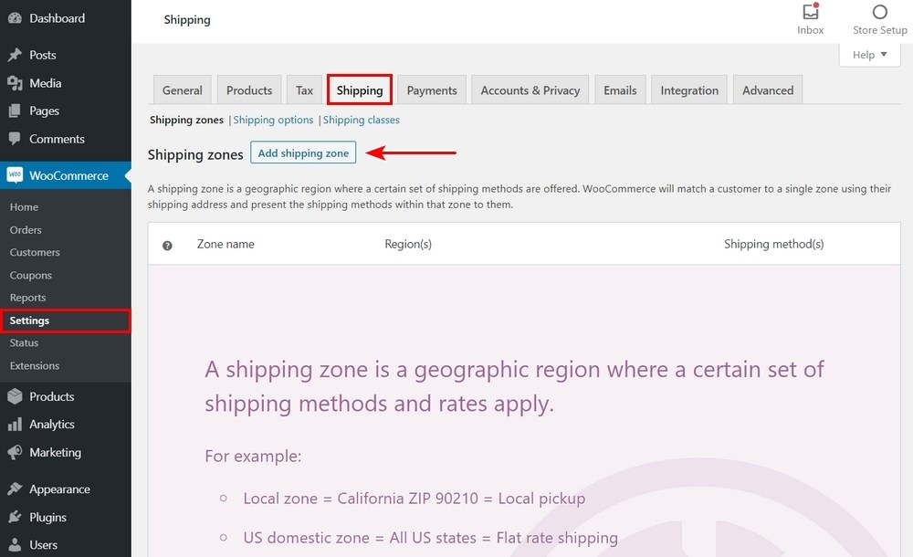 WooCommerce Shipping settings