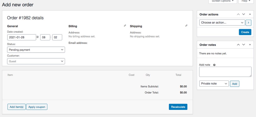 WooCommerce add new order