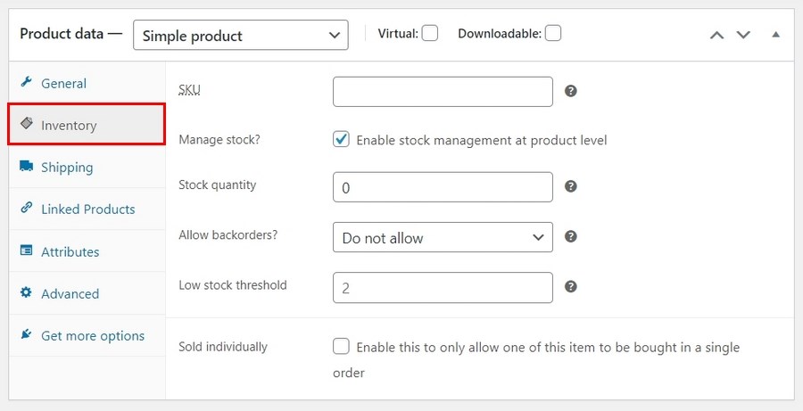 WooCommerce inventory settings