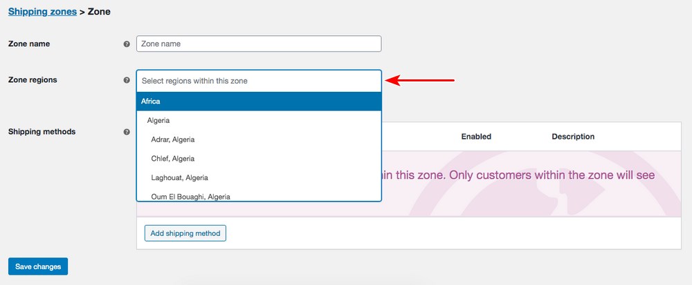 WooCommerce shipping zone region setting