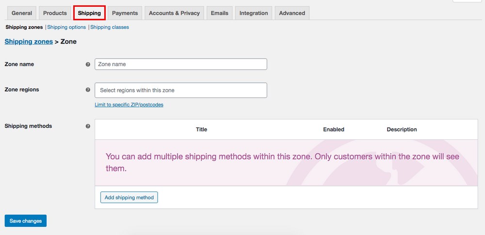 WooCommerce shipping zone setting