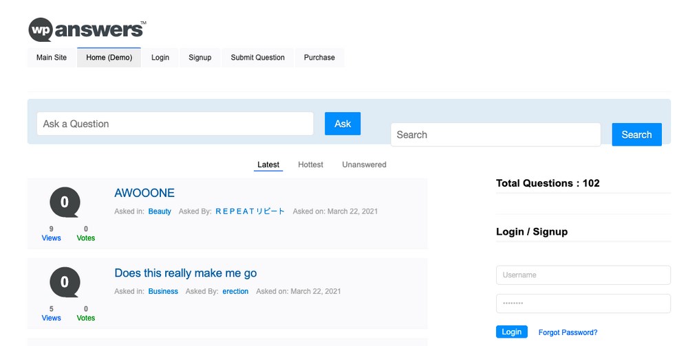 Questions and Answers site example