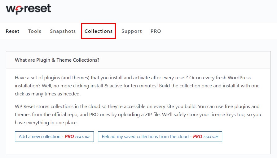WP Reset collections