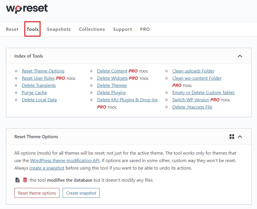 WP reset tools