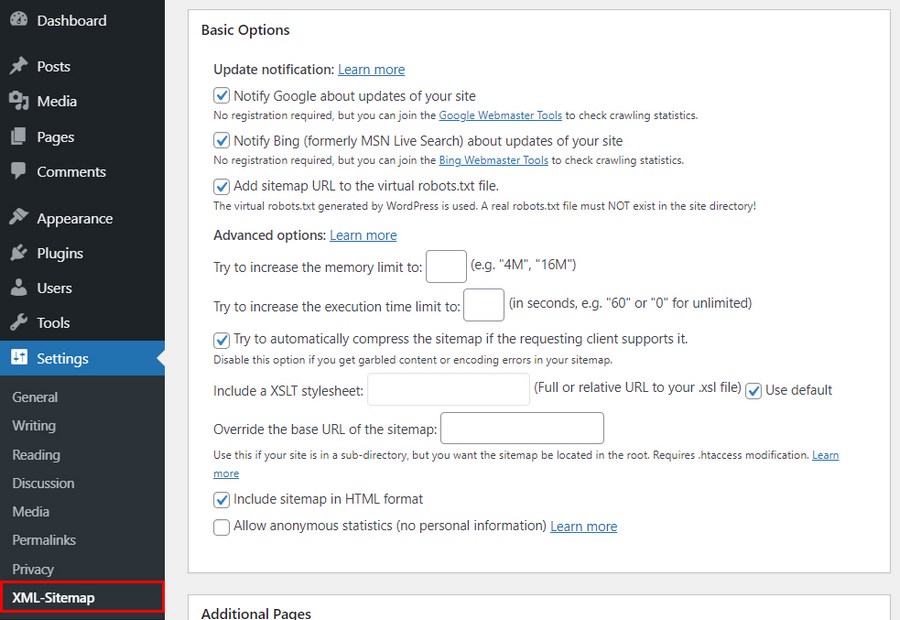 XML sitemaps WordPress plugin basic options