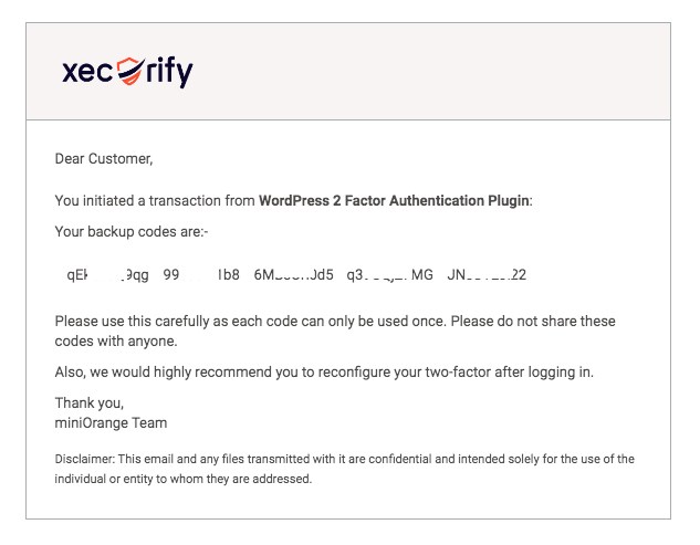 email containing backup codes