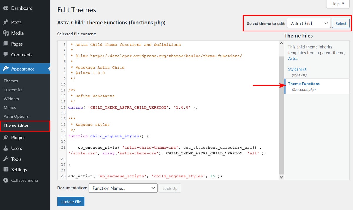 Edit Astra child theme function php file