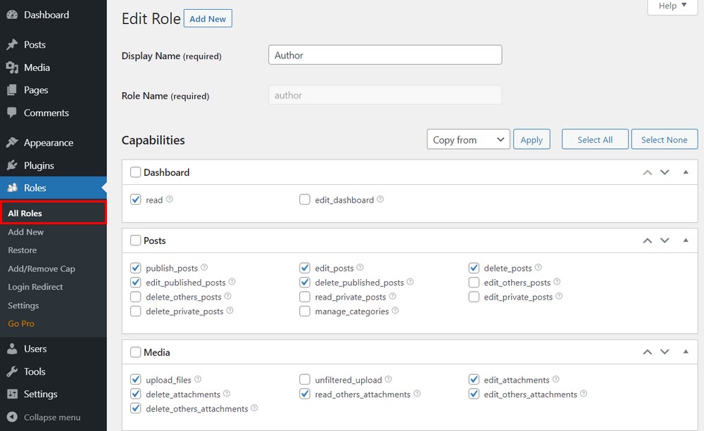 Edit user roles in WordPress