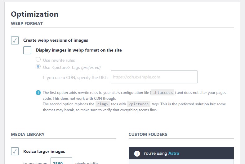 Imagify WebP settings