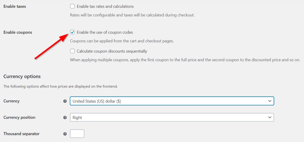 WooCommerce enable coupon codes