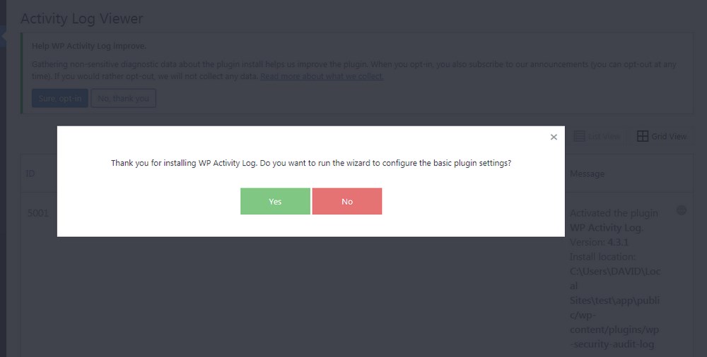 WP activity log setup wizard