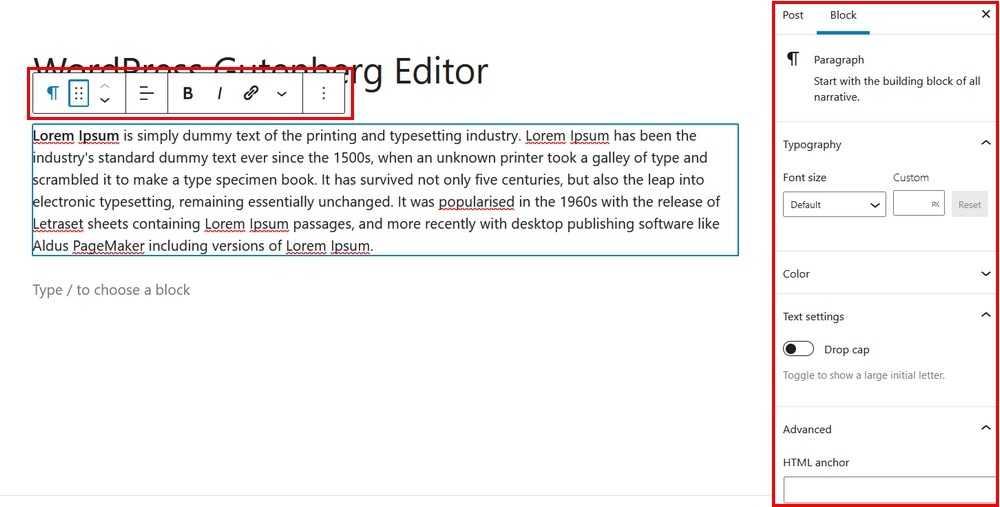 Gutenberg paragraph settings