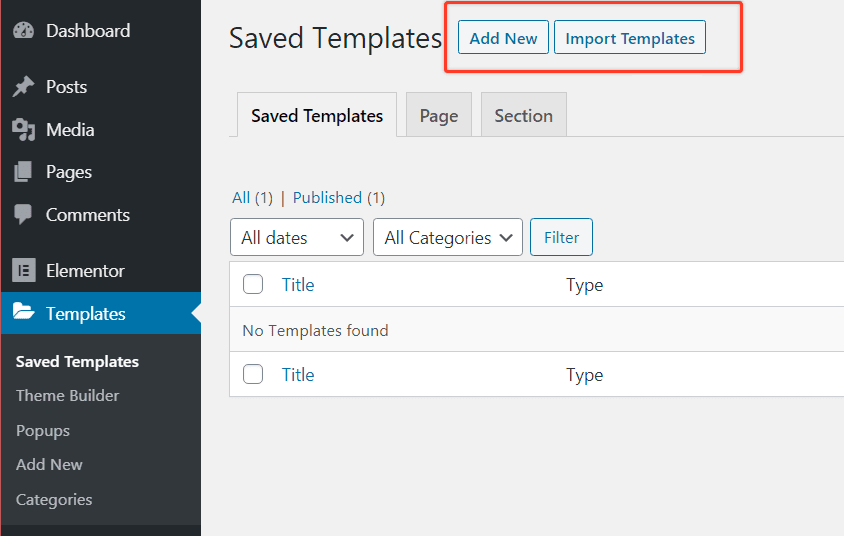 Add new Elementor template or import