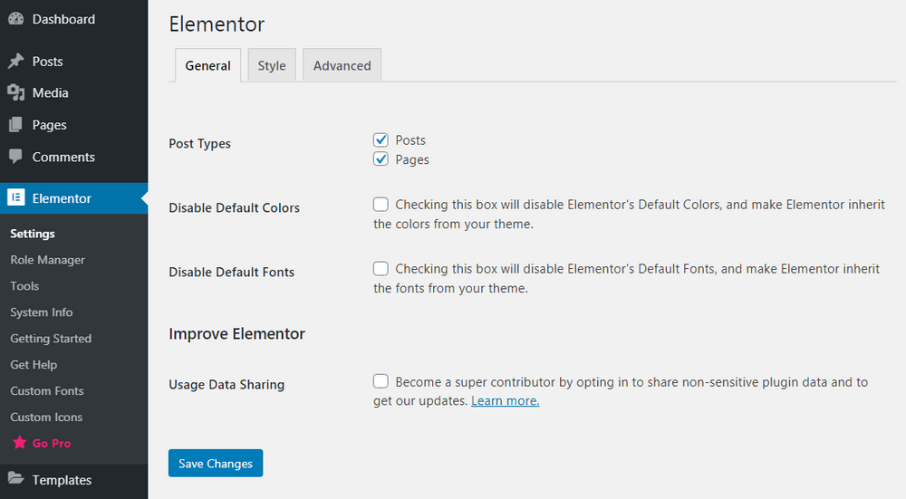 Elementor General settings