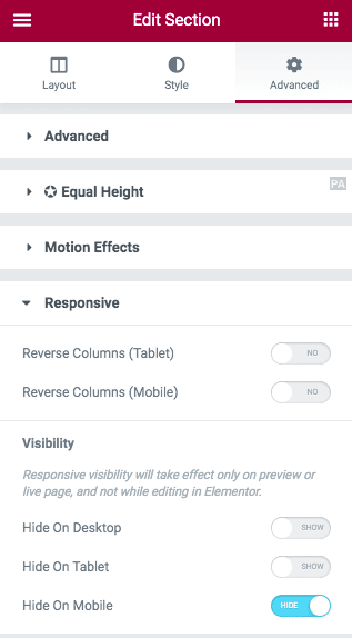 Elementor visibility options