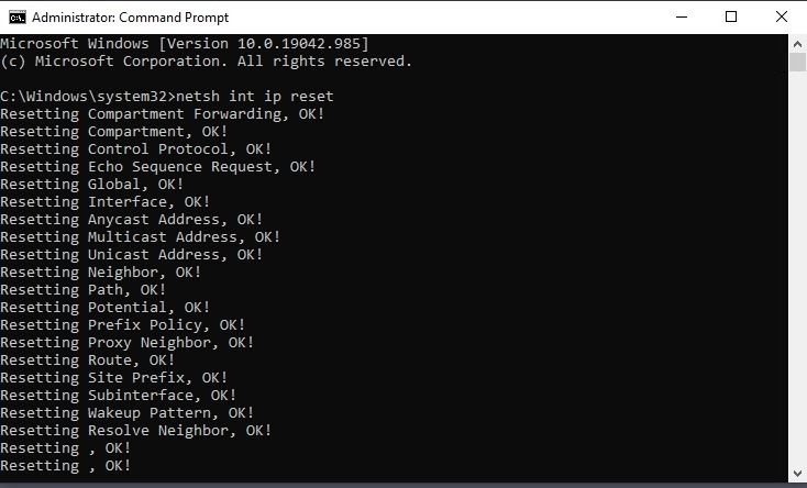 netsh reset command