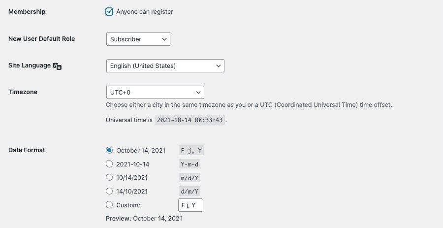 WordPress membership registration settings