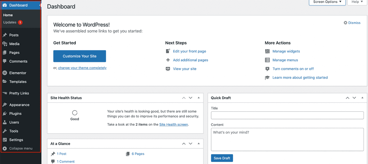 WordPress dashboard