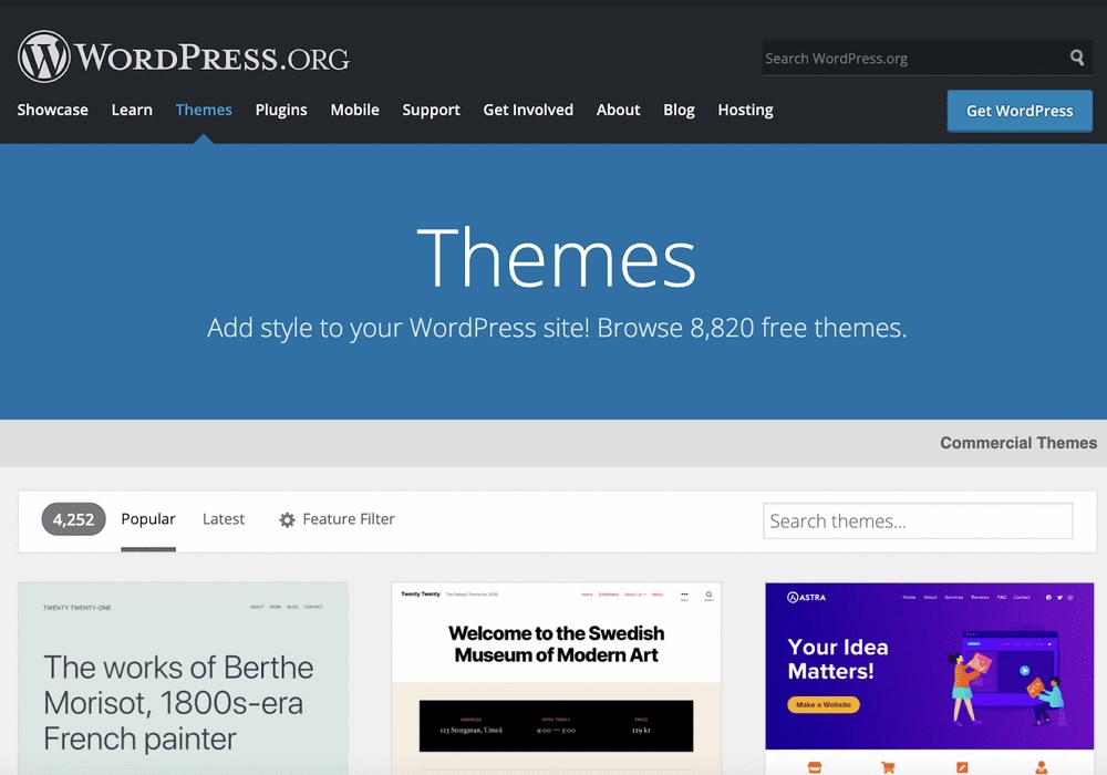 WordPress themes page