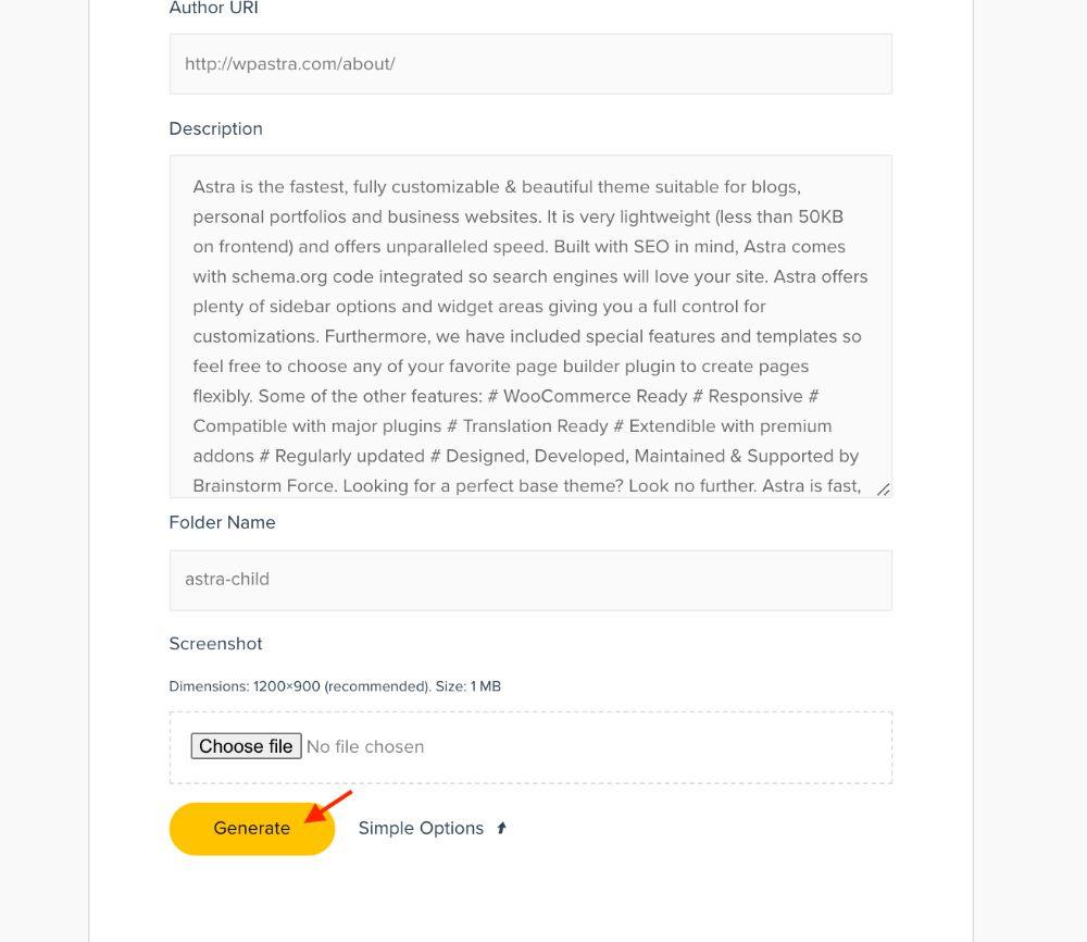 Astra child theme generator settings