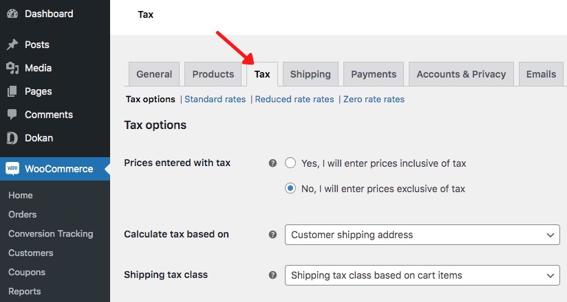 WooCommerce Tax tab under settings