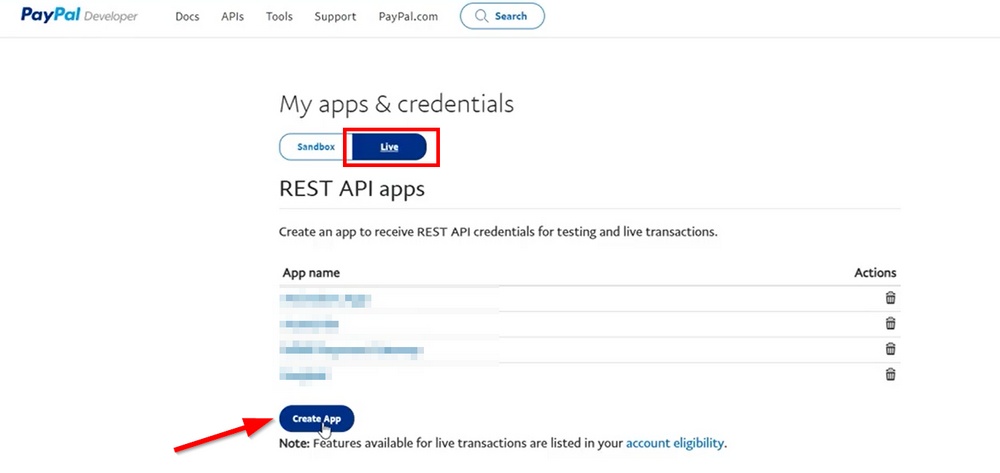 create live REST API app in paypal developer account