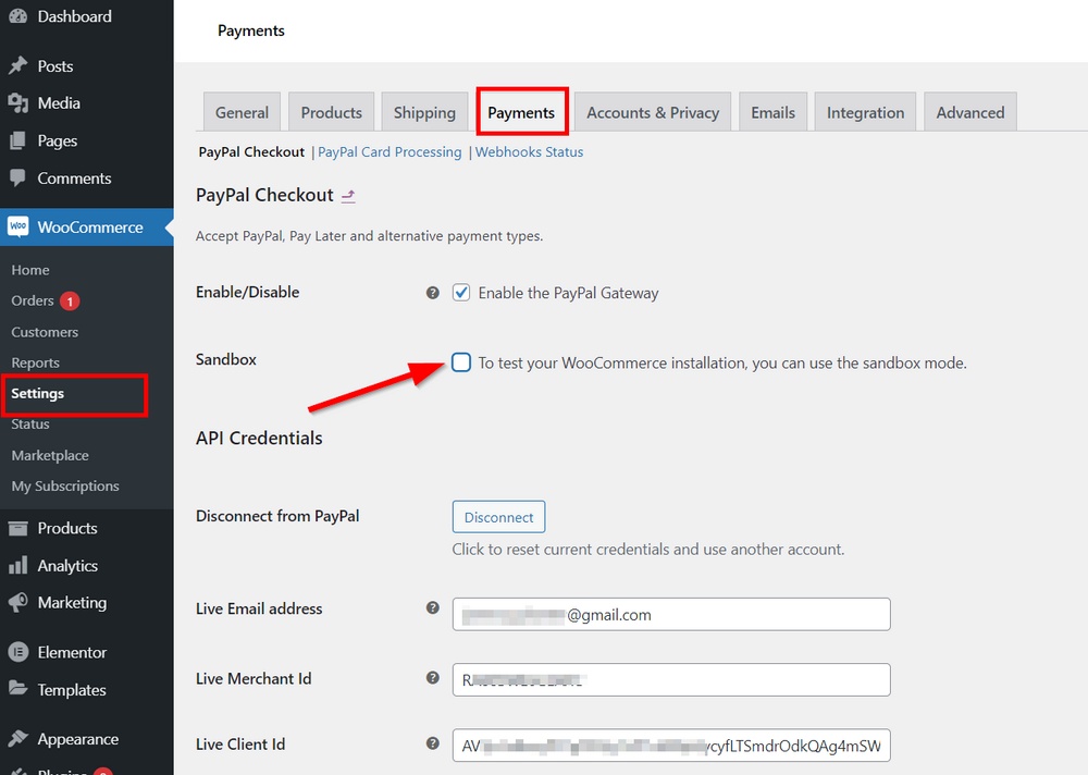turn off paypal sandbox test environment woocommerce