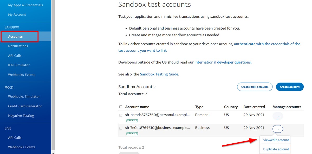 view edit paypal sandbox account settings