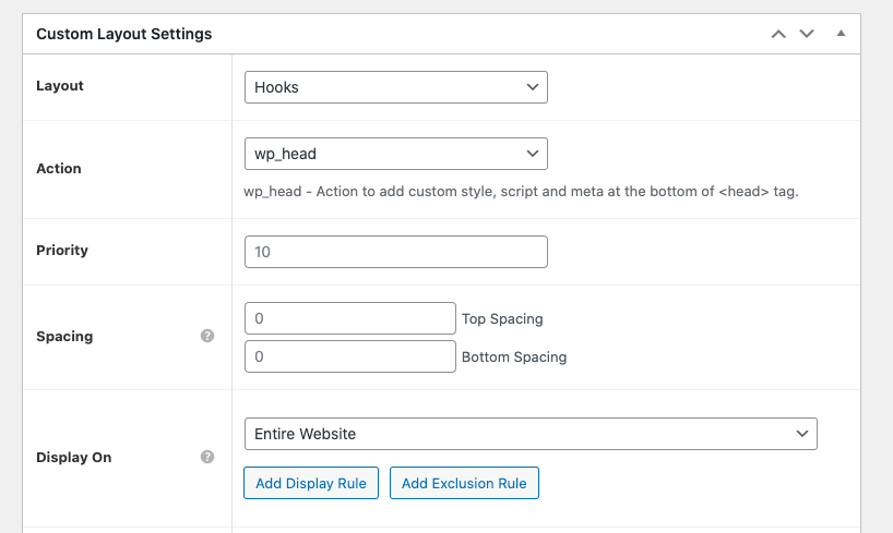 Astra custom layouts settings