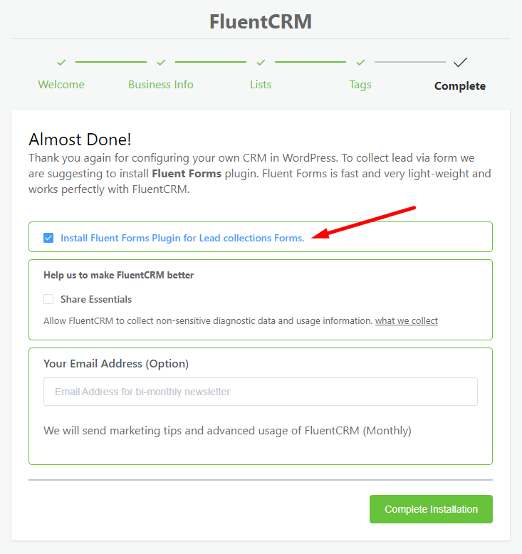 FluentCRM setup final stage