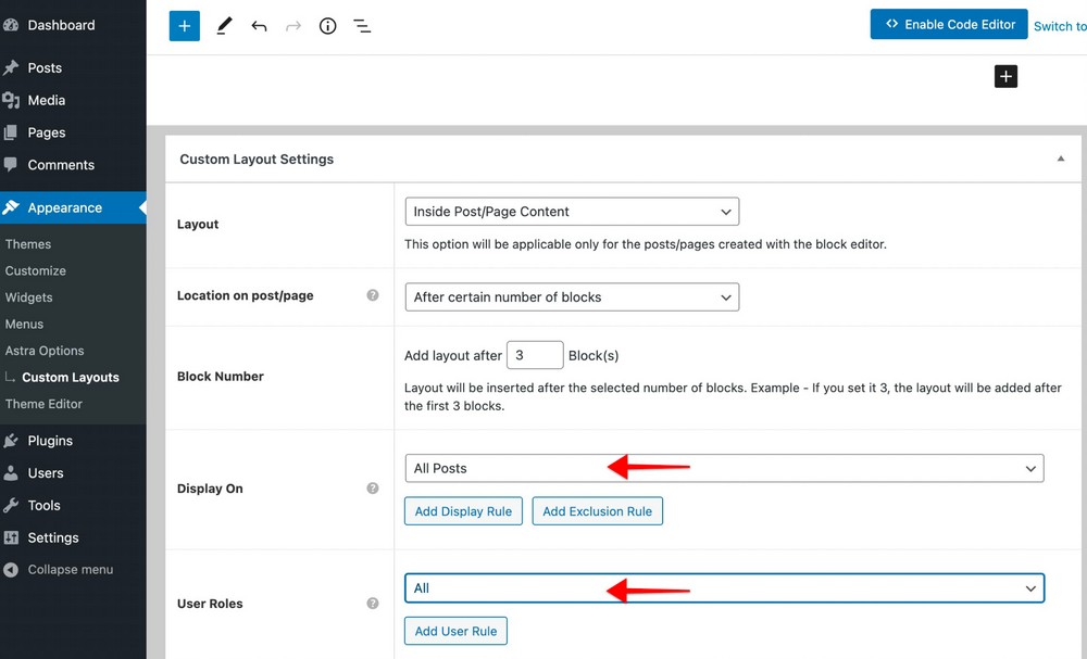 Astra custom layouts settings