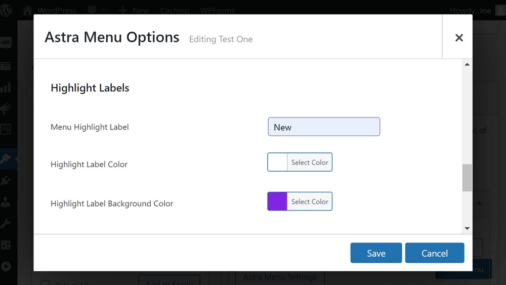 Mega menu label settings