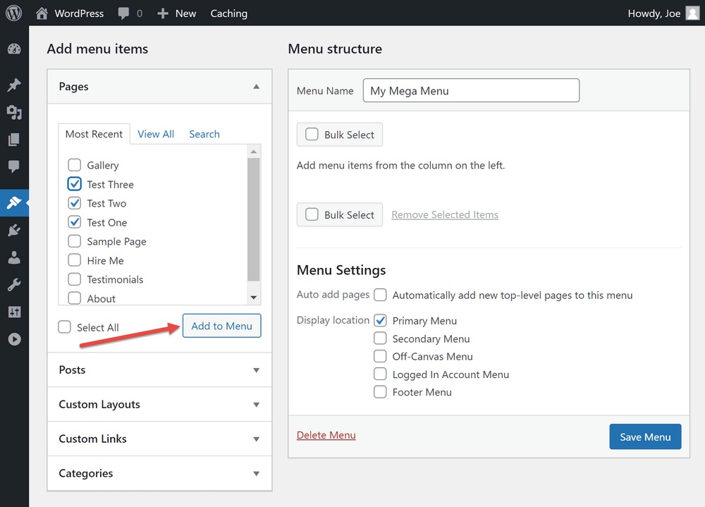 WordPress add items to menu