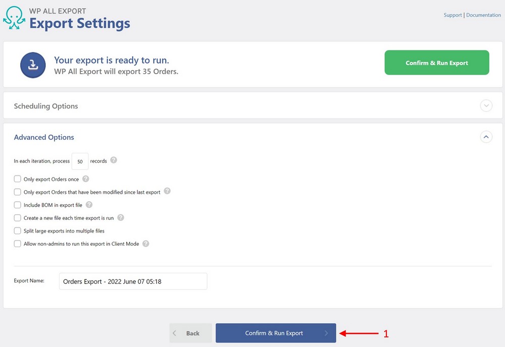 order export settings