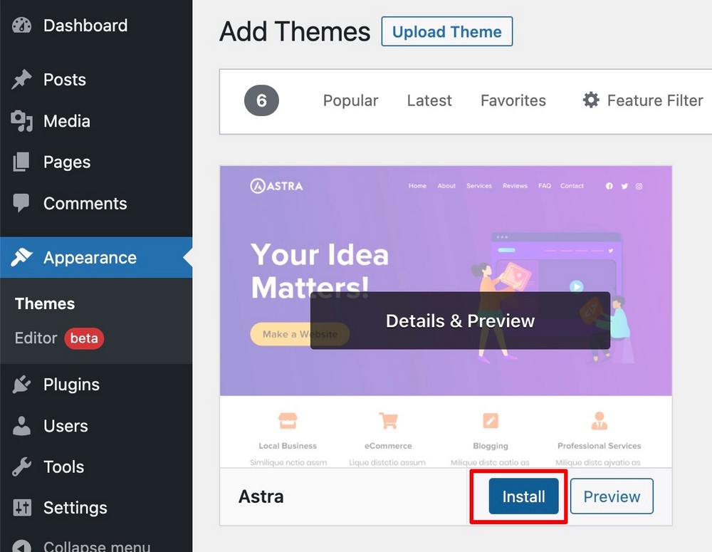 Installing WordPress Astra theme