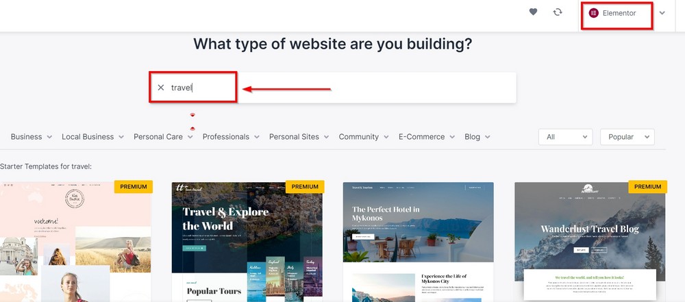 choose elementor and travel to search astra template