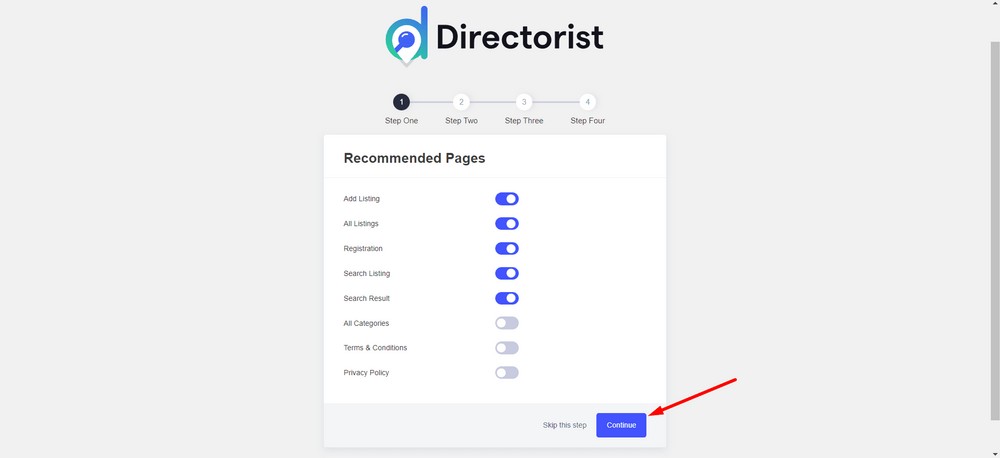 directorist setup wizard - click on continue