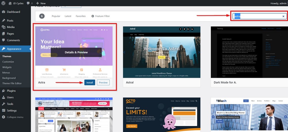 search and install astra theme