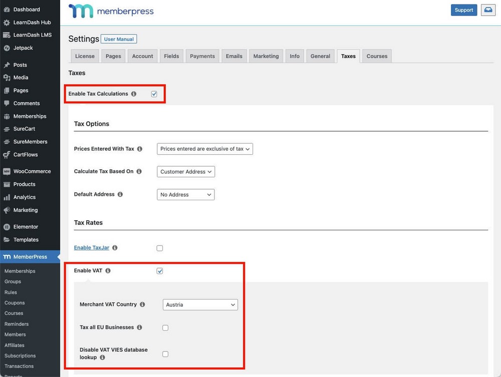 Tax calculations in MemberPress