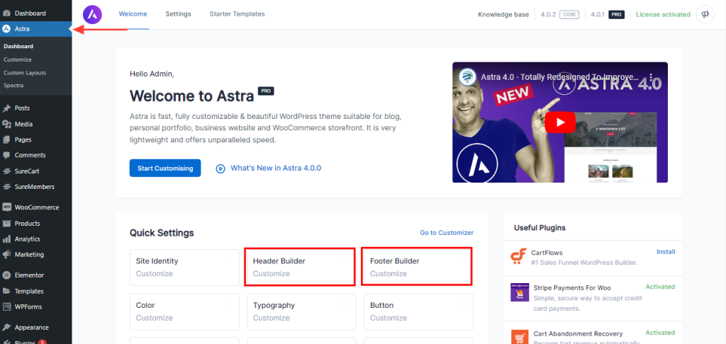 Astra header footer builder