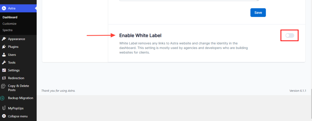 Enable Astra White label option