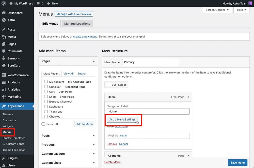 How to configure mega menu Astra