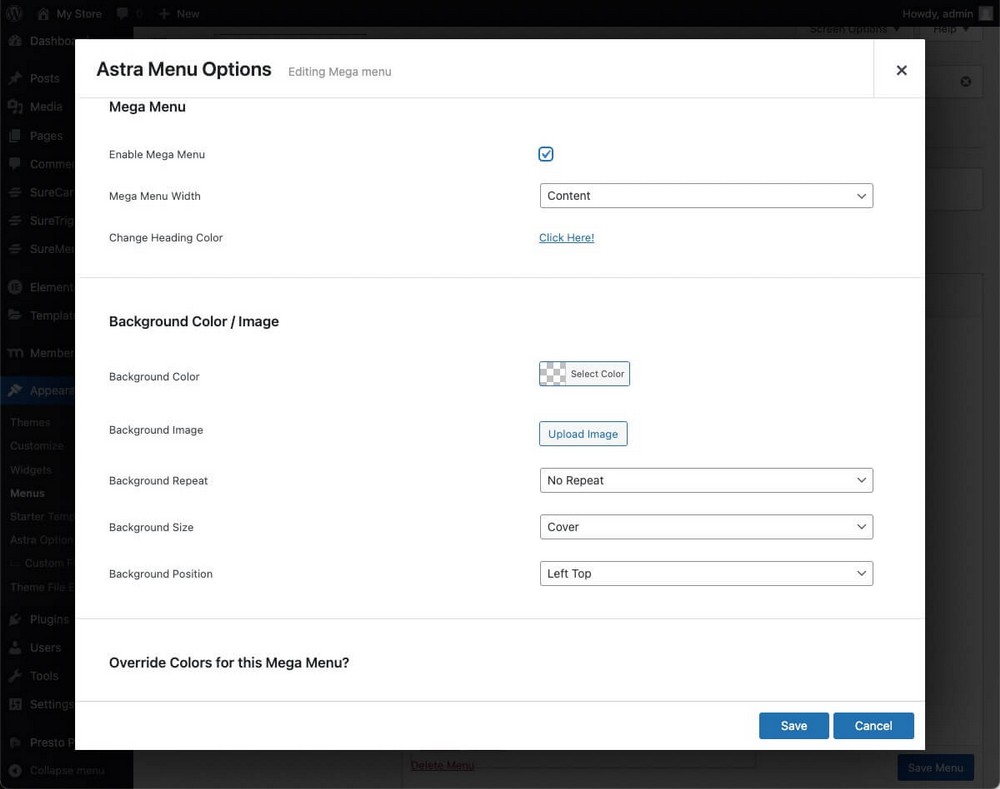 Old Astra mega menu settings