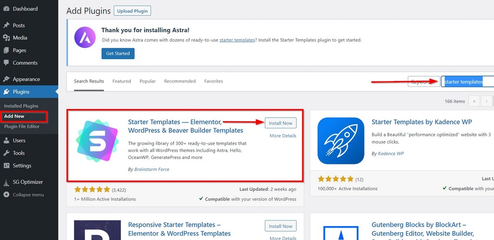 the Starter Templates plugin