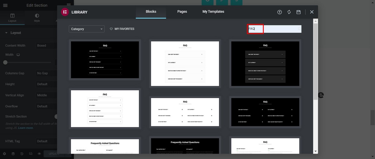 Search for FAQ in the block section